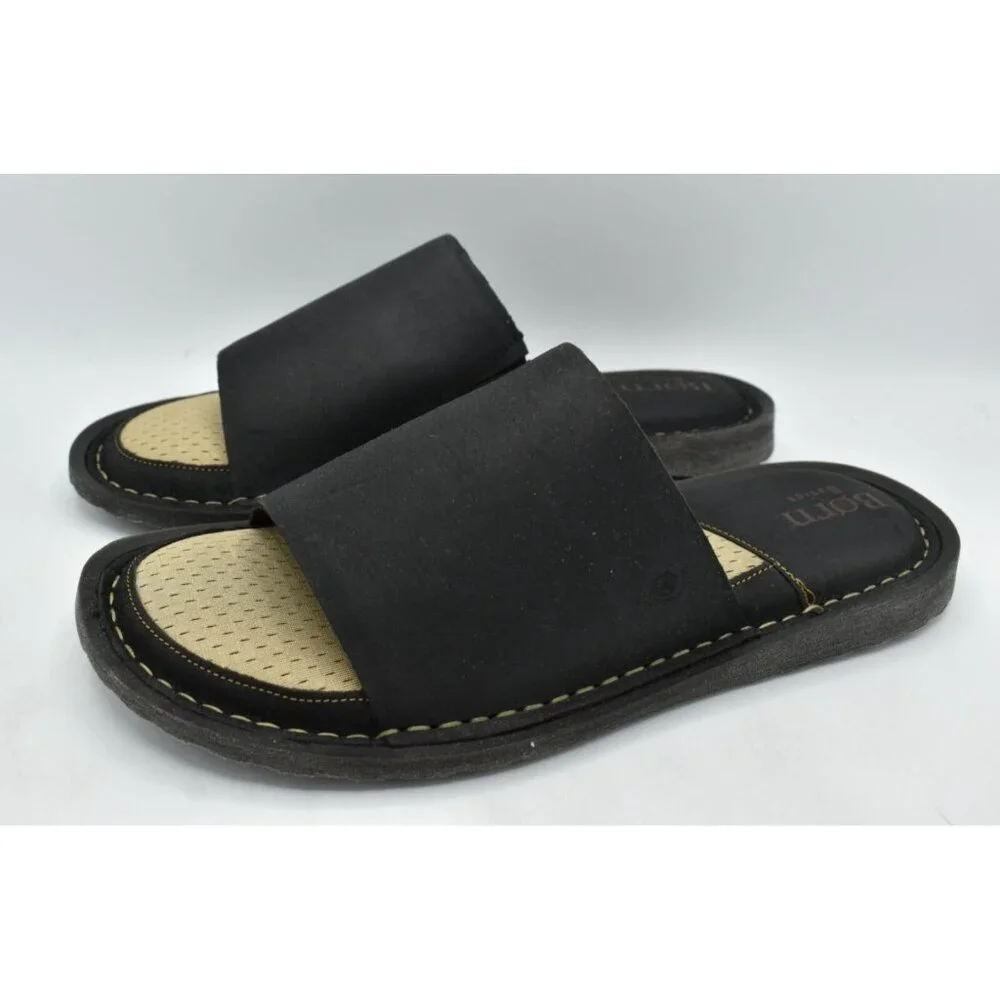 Born Mens Size 8 Leeward Black Full Grain Leather Slip On Slide‎ Sandals Shoes